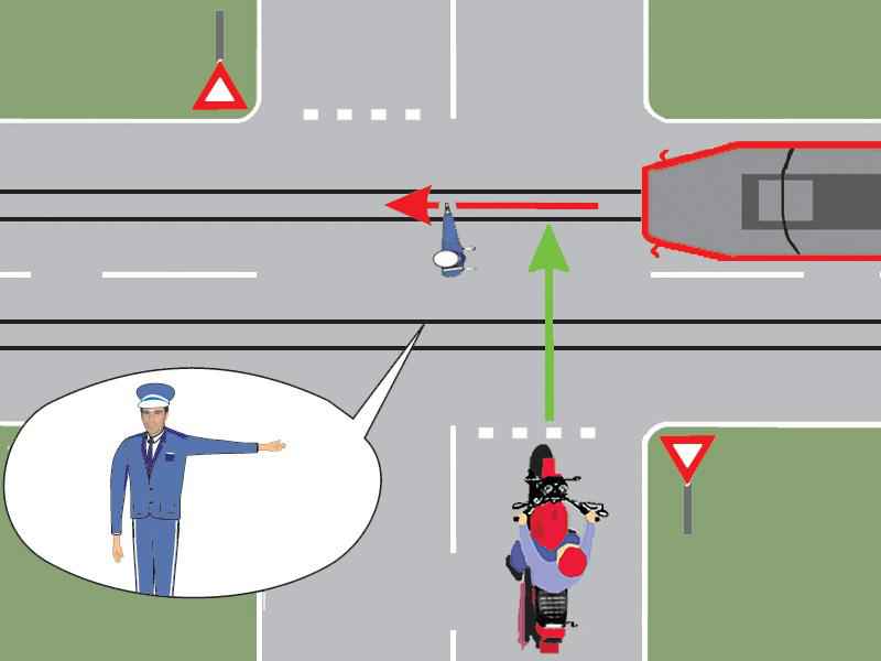 Which of the two vehicles in the image has the right to pass through the intersection?