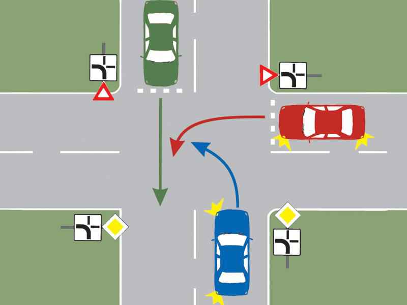In what order do the three motor vehicles pass through the presented intersection?
