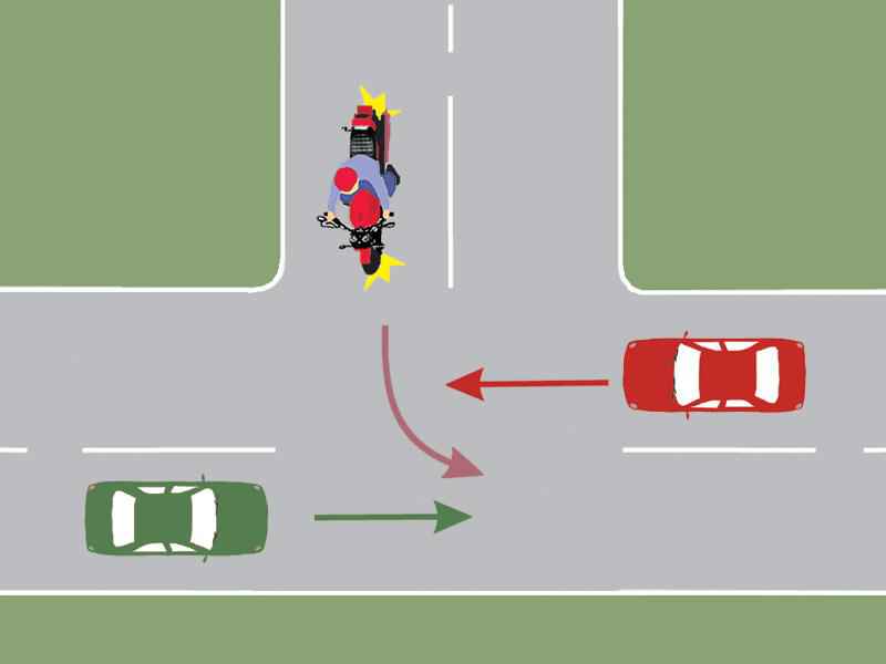 Which of the three motor vehicles will pass last through the intersection in the image?