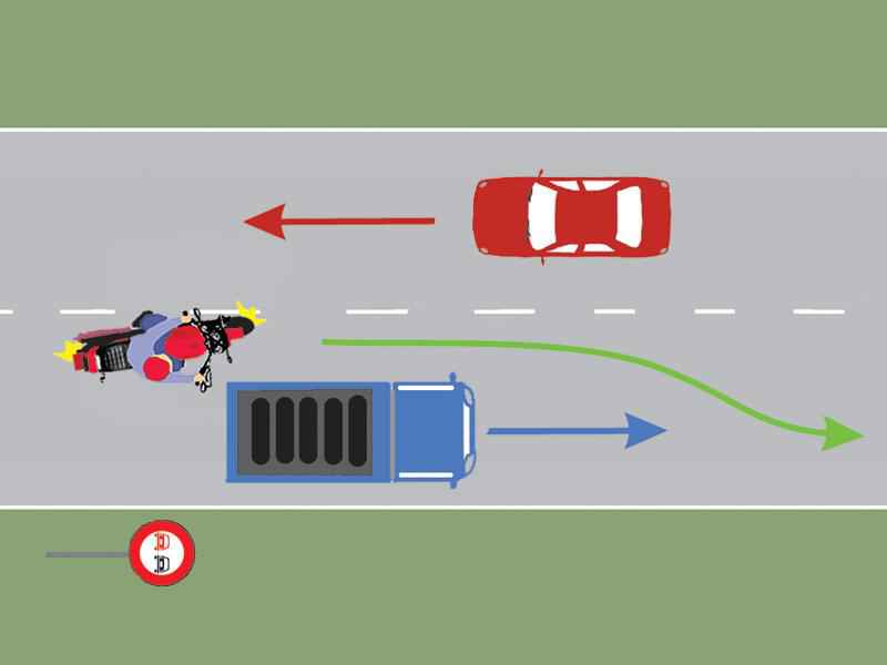 Does the motorcyclist overtake the truck correctly?