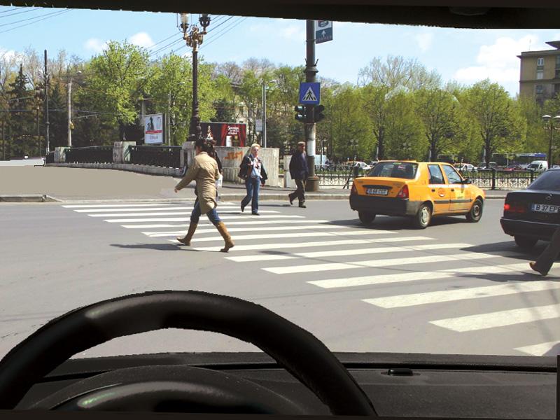 You intend to turn right. How do you proceed with the pedestrians who cross the street in compliance with the traffic rules?